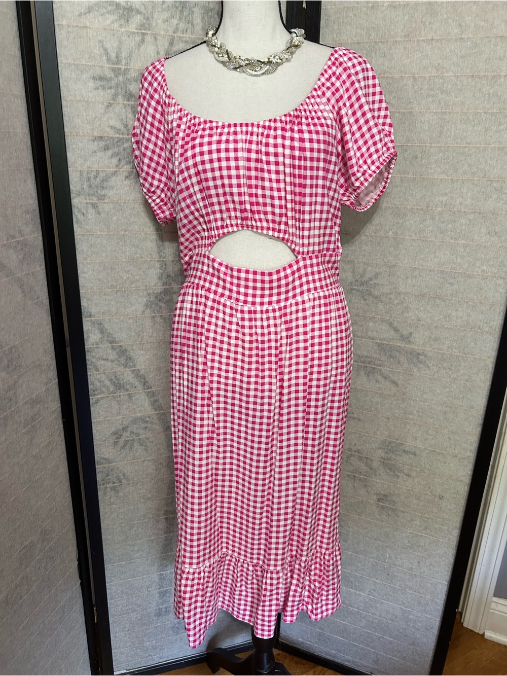 Beebop Pink White Gingham Scoop Neck Cut out Back Midi Ruffled Dress XL Peasant